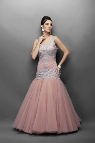 Dusky Pink Gown with Silver & Pink Work in Long Fitted Bodice