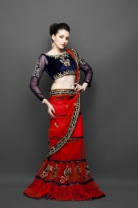Red lehenga style sari